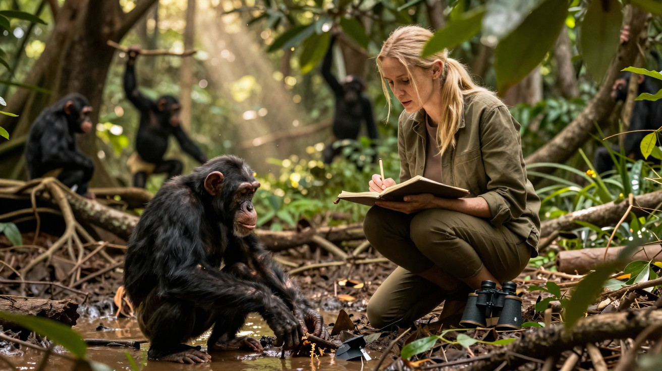 Mulher observa e anota comportamento de chimpanzé na floresta durante estudo científico.