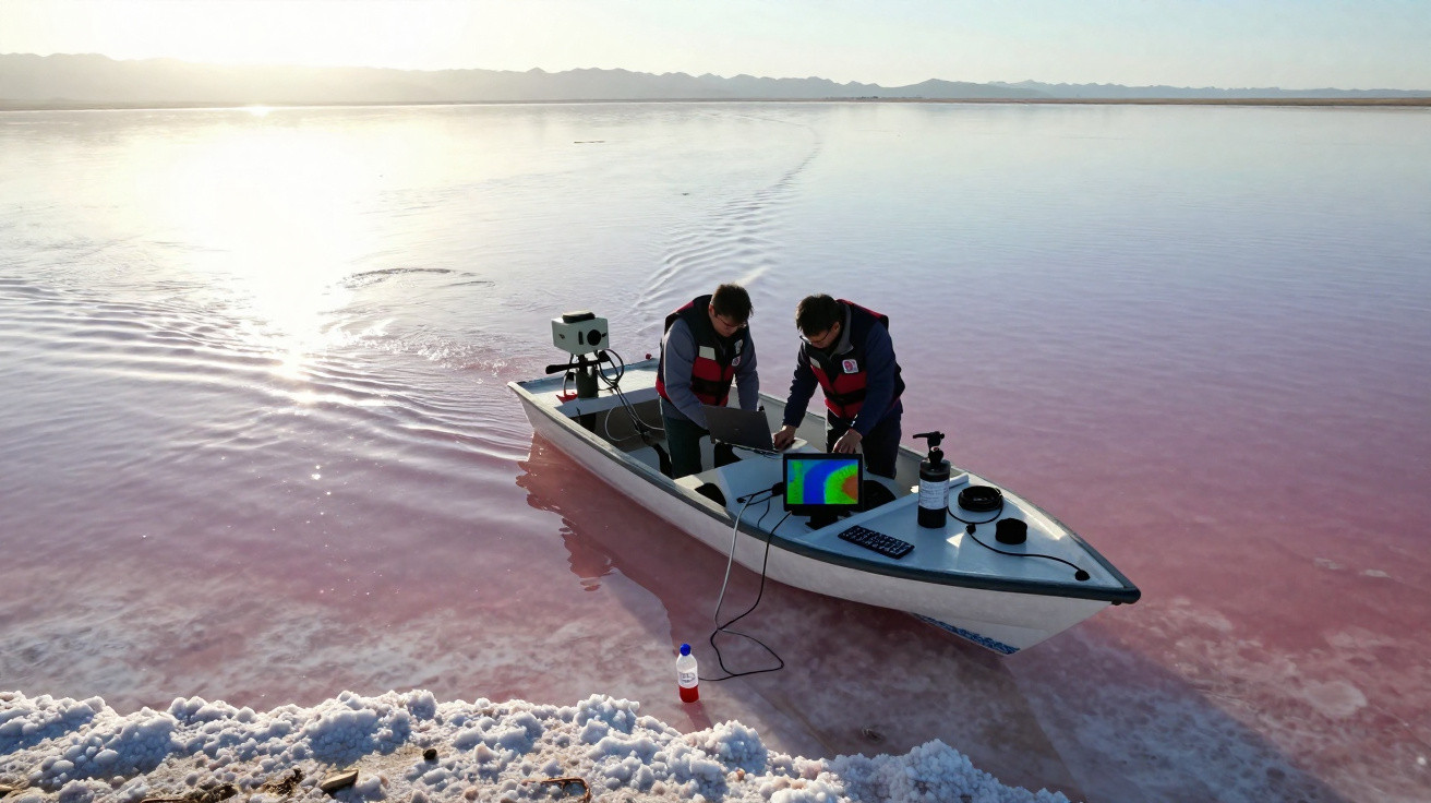 Dois cientistas num barco num lago salgado rosado, com equipamento de medição e análise ambiental.