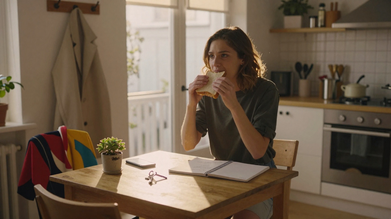 Mulher a comer sanduíche sentada à mesa numa cozinha iluminada com caderno e telemóvel à frente.