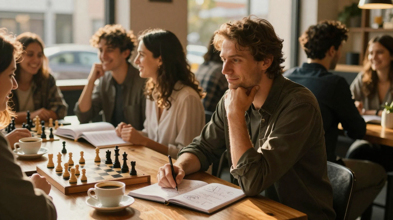 Jovens em café, dois jogam xadrez enquanto outro escreve num caderno, ambiente descontraído e iluminado.