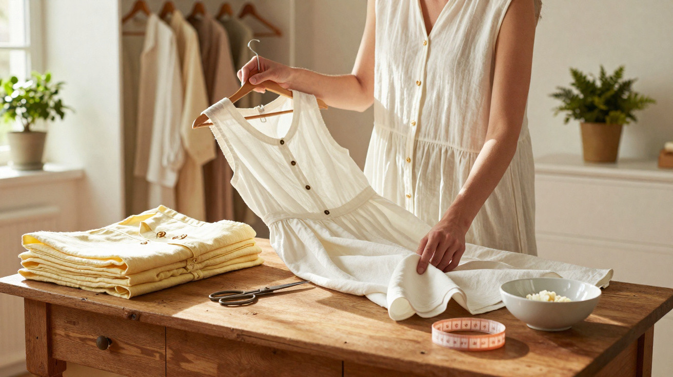 Pessoa a segurar vestido branco em cabide numa mesa de madeira com pilha de roupas e fita métrica.