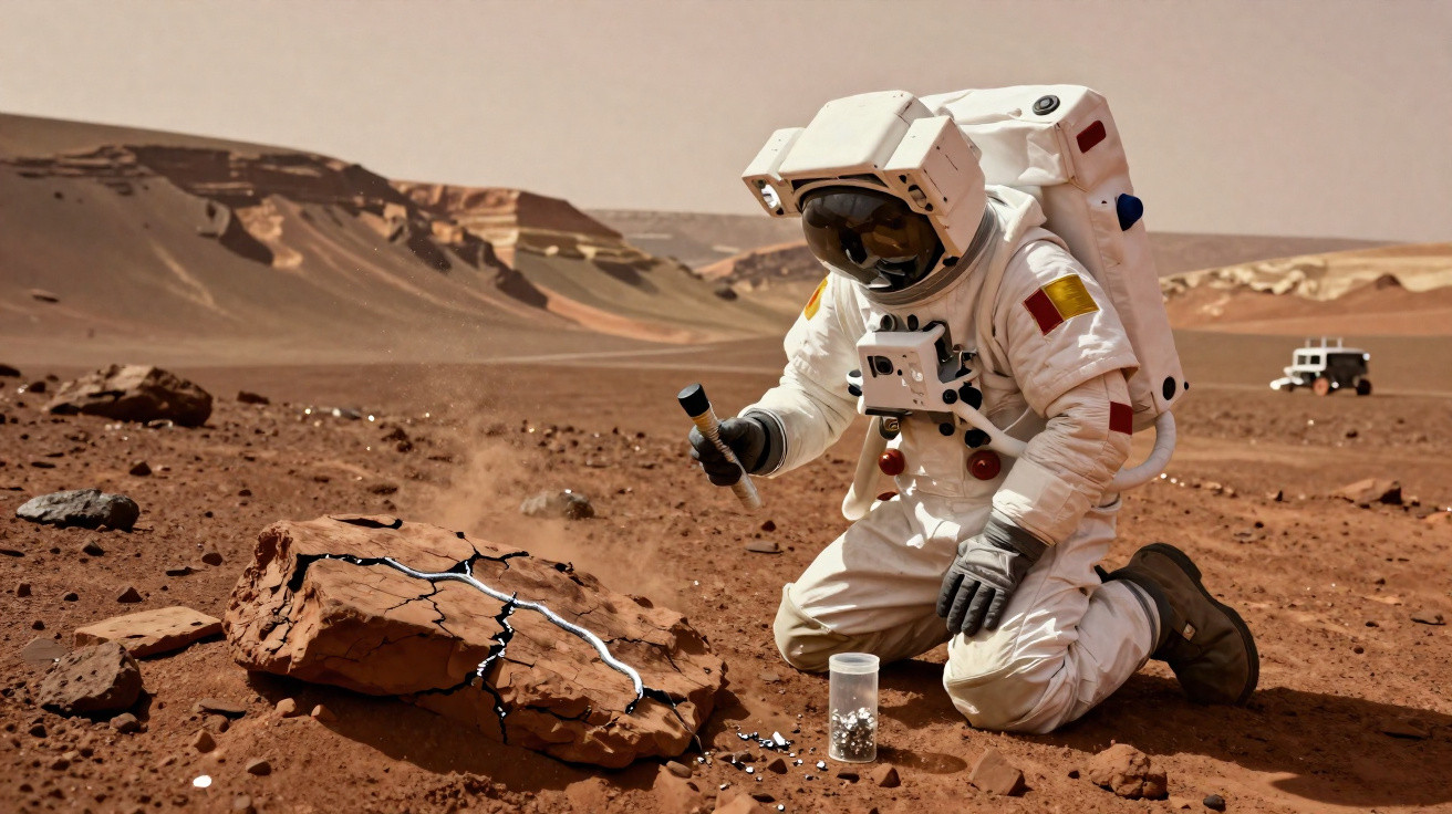 Astronauta em fato espacial analisa rocha rachada num terreno árido e vermelho que simula Marte.
