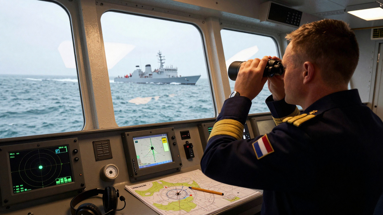 Oficial naval a observar navio de guerra através de binóculos na ponte de comando de um barco.