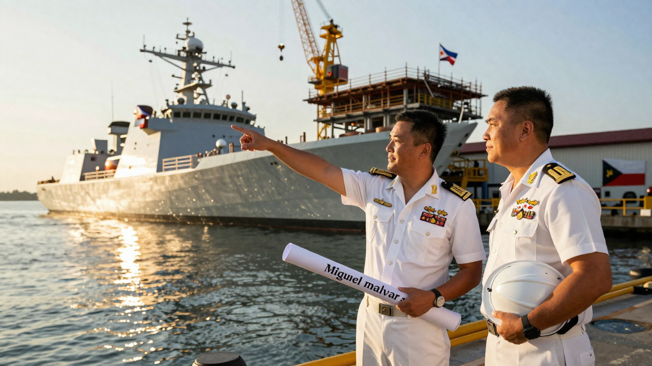 Dois oficiais navais em uniforme branco junto ao cais discutem com um navio militar ao fundo ao pôr do sol.