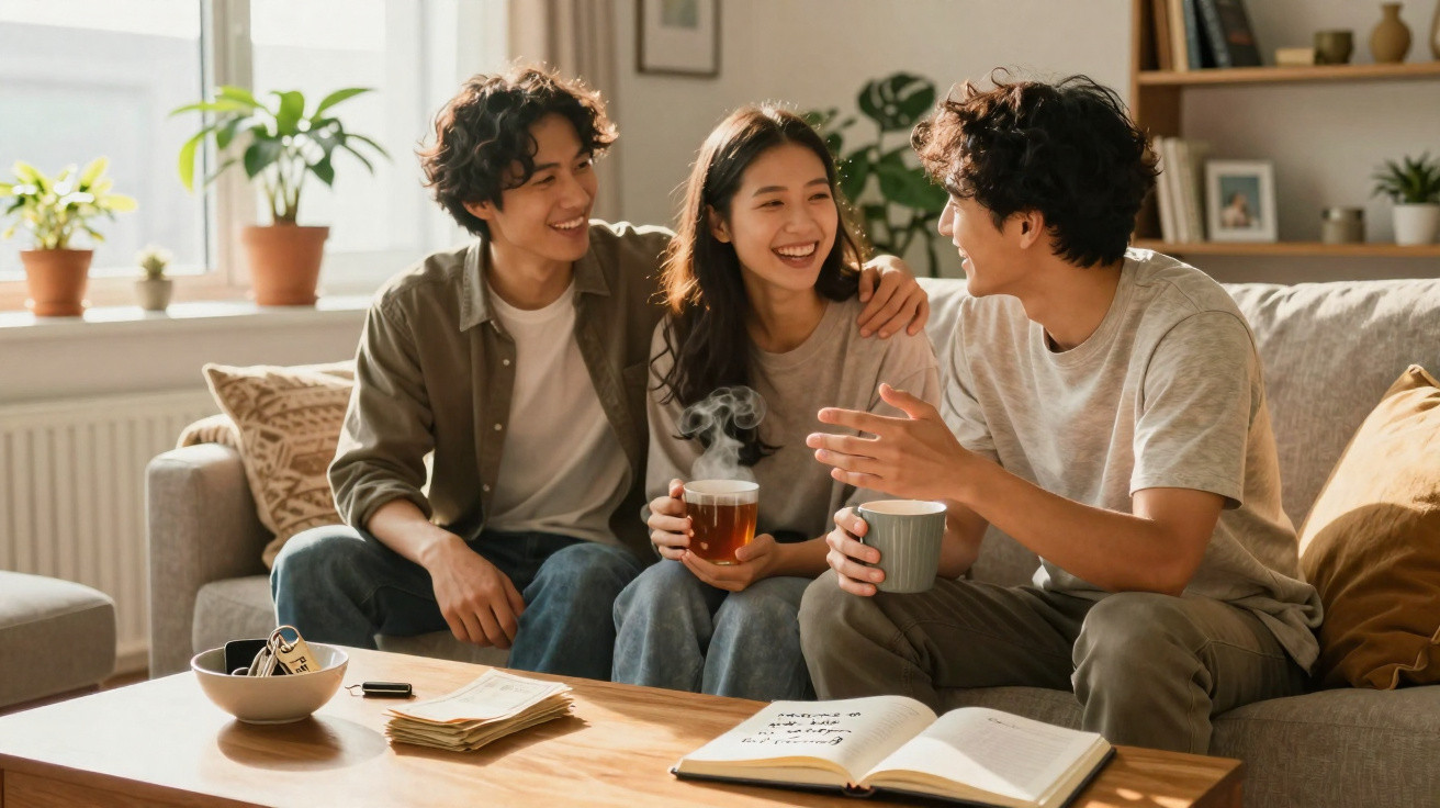 Três jovens sentados num sofá, a conversar e a beber chá num ambiente acolhedor e luminoso.