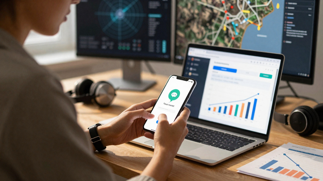 Pessoa a usar smartphone com mensagem Trust Fraud, com laptop e dois ecrãs com gráficos e mapas no fundo.
