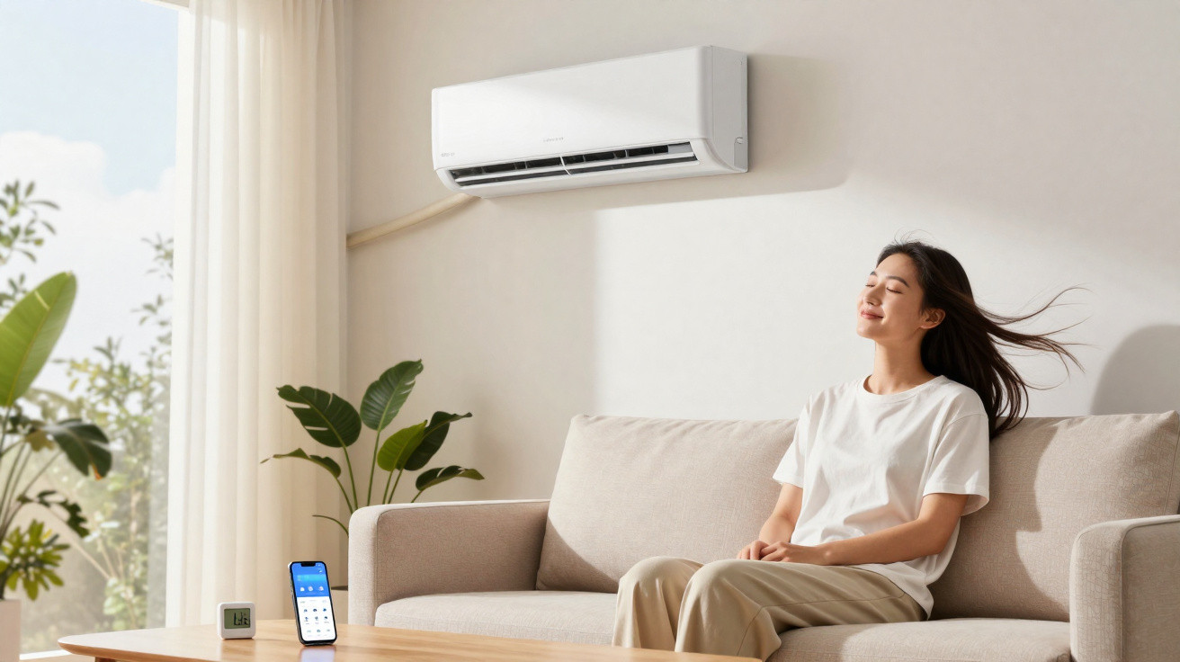 Mulher sentada no sofá a relaxar com ar-condicionado ligado numa sala luminosa e plantas.