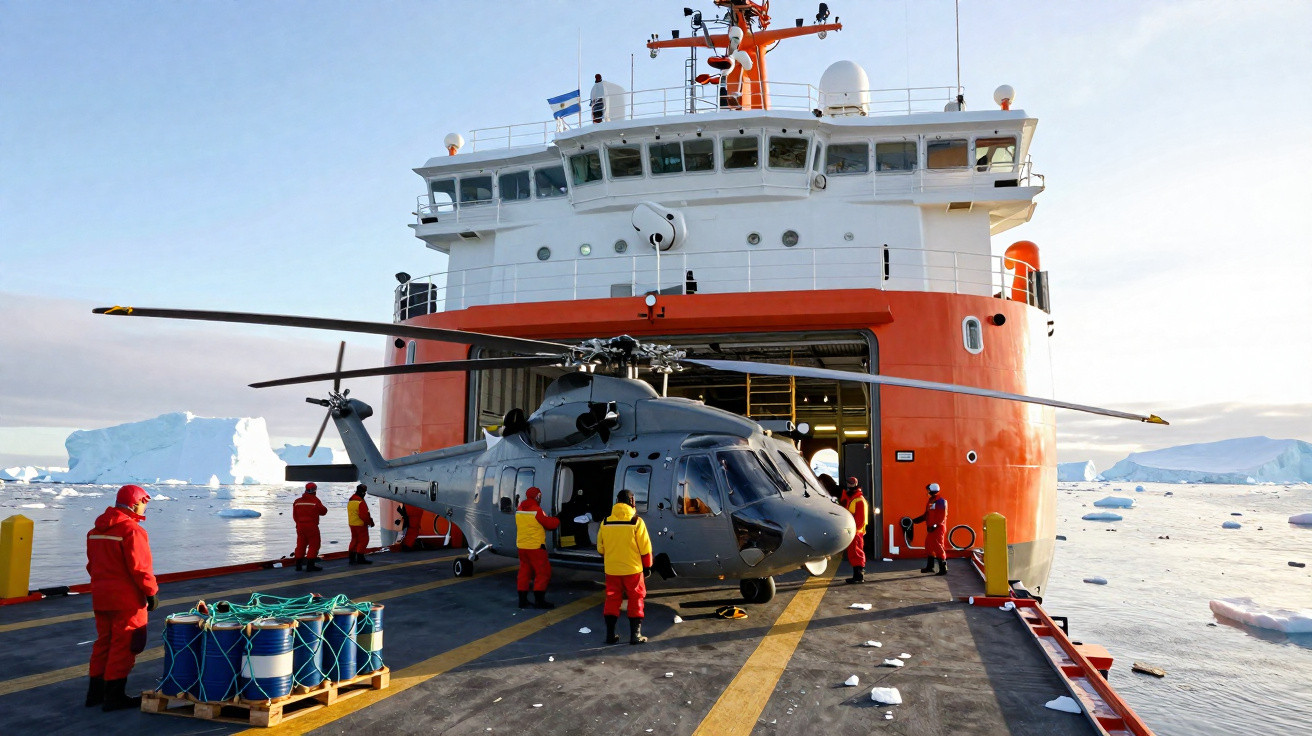 Helicóptero cinzento carregado por uma equipa em fatos térmicos vermelhos no convés de um navio numa zona polar gelada.
