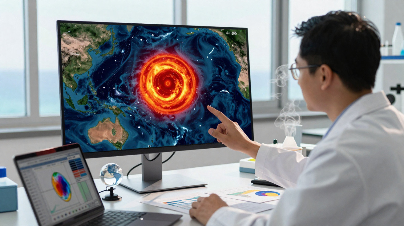 Cientista de jaleco aponta para mapa digital com imagem de tempestade tropical no oceano num ecrã de computador.