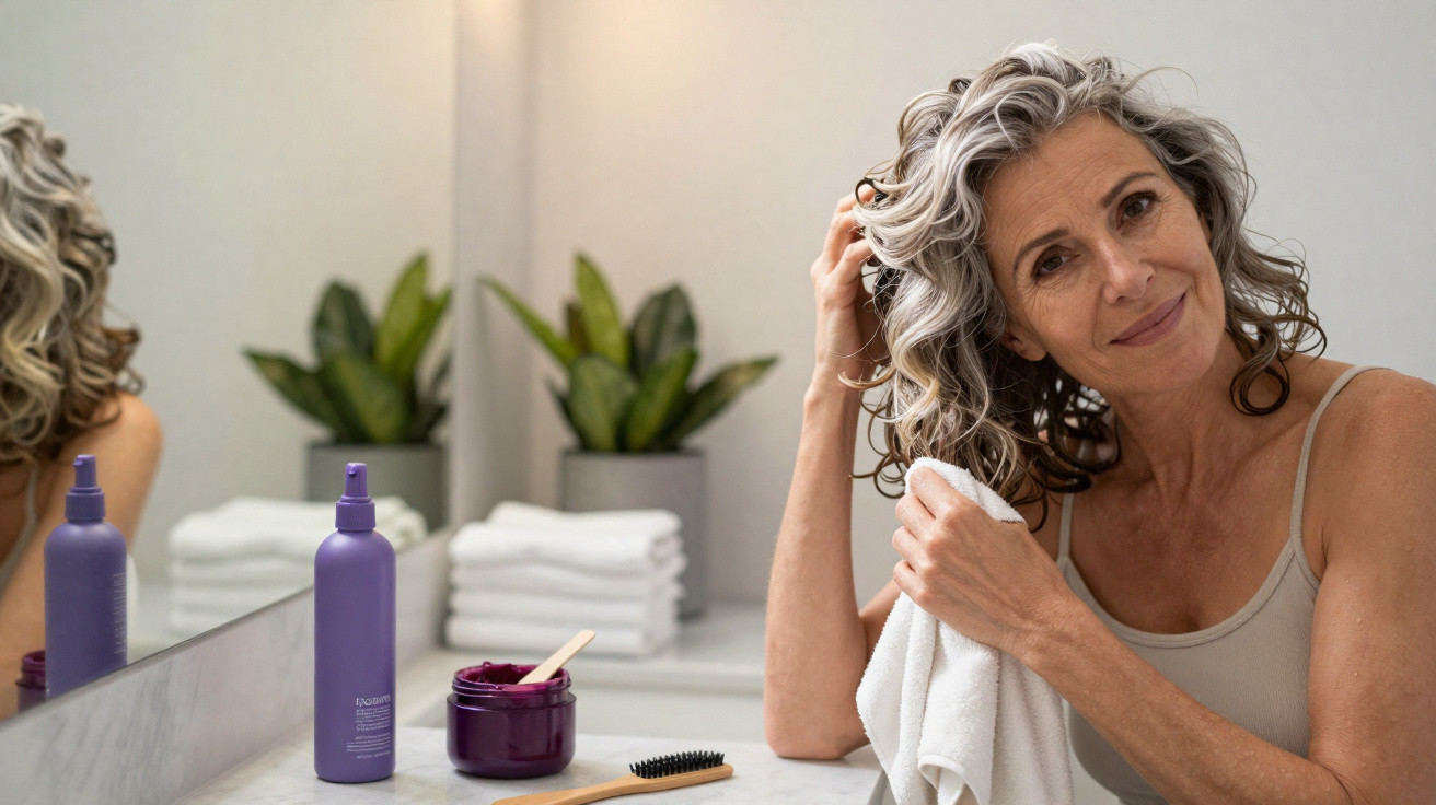 Mulher madura a secar o cabelo com toalha numa casa de banho, com produtos de cabelo no balcão.