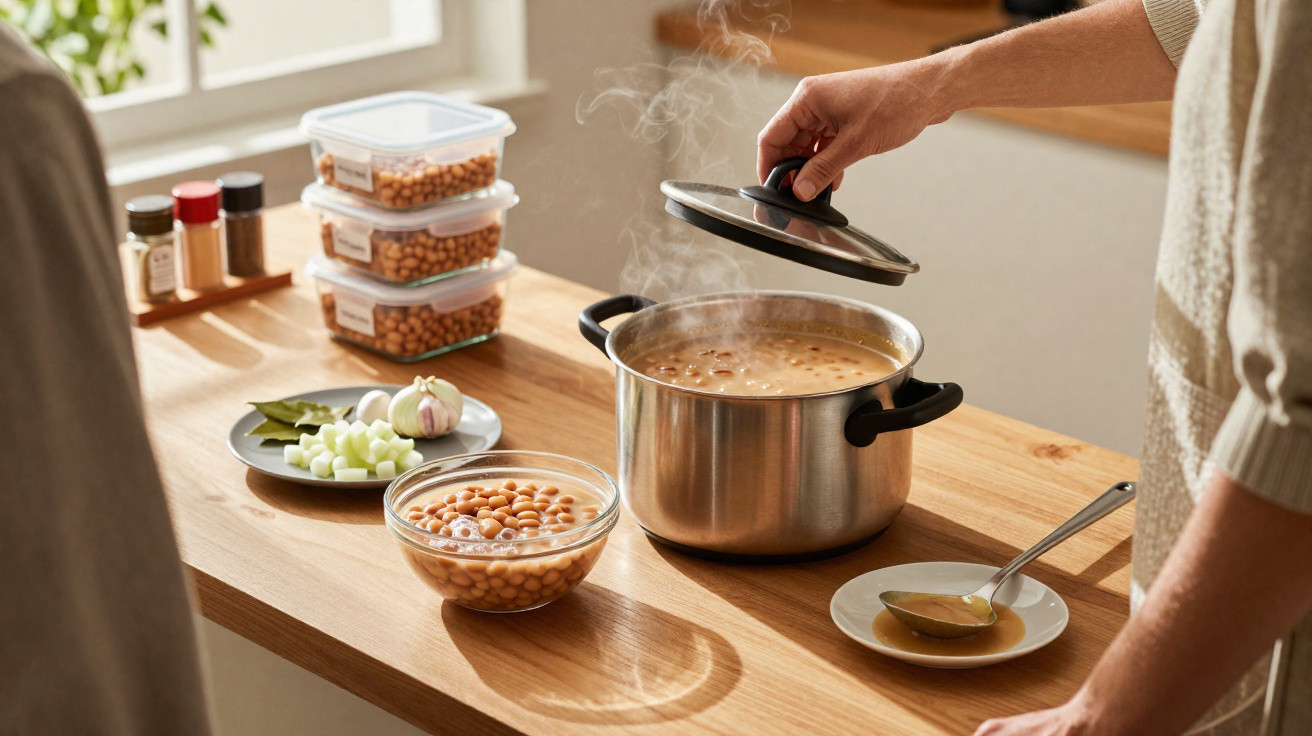 Pessoa a levantar tampa de panela com sopa de feijão fumegante numa cozinha iluminada.