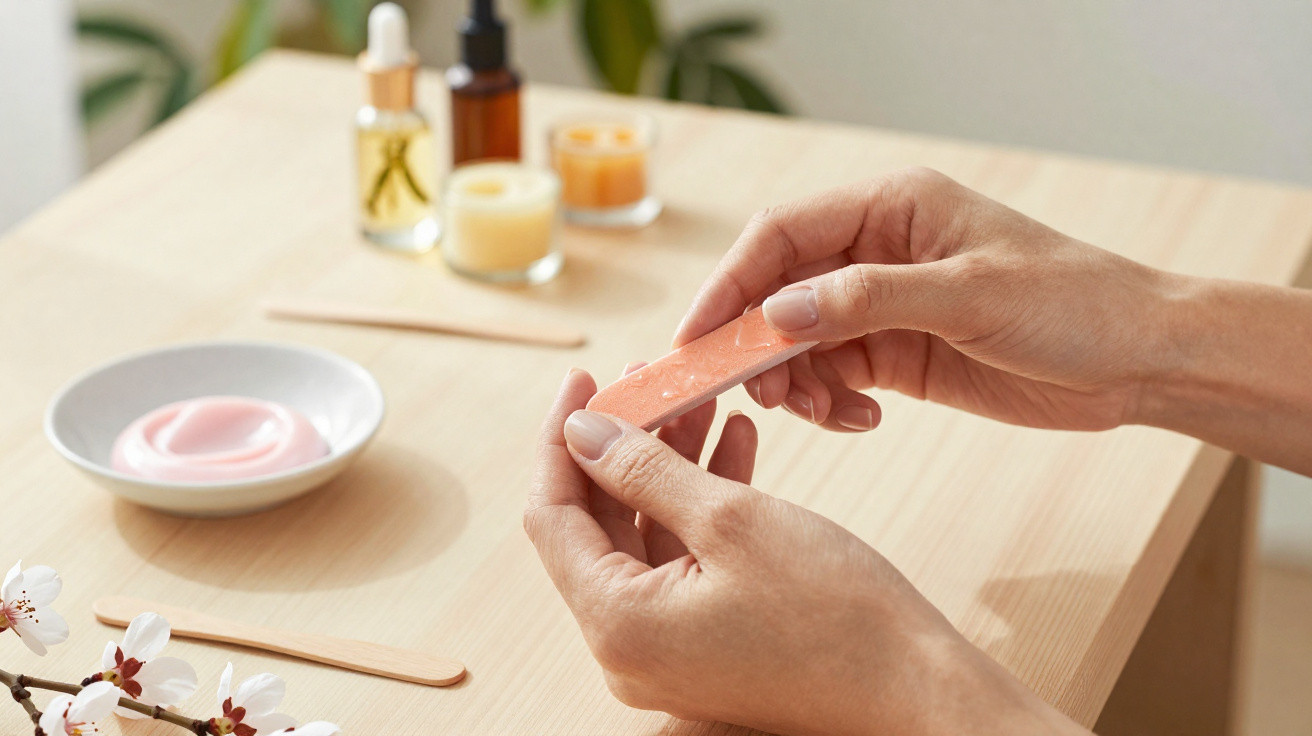 Mãos a limar unhas com lixa cor de salmão sobre mesa com produtos de manicure e flores brancas.
