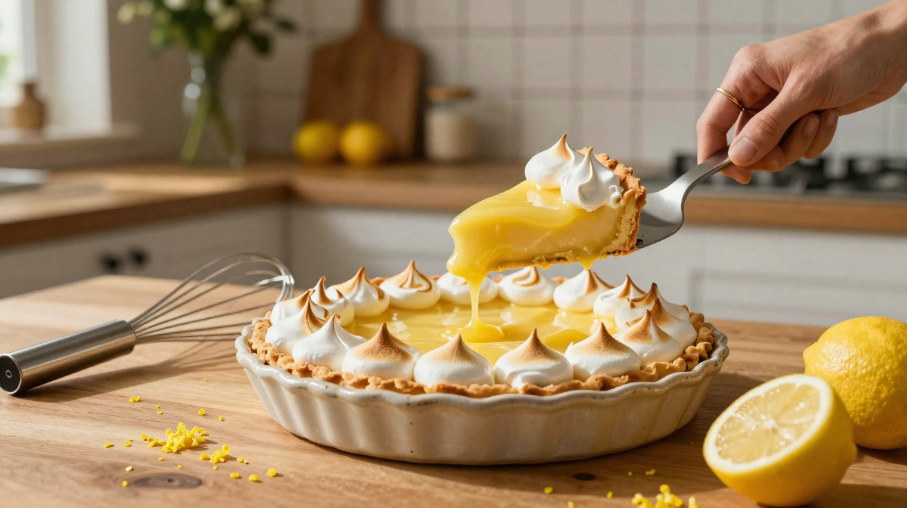Tarte de limão com merengue, uma fatia a ser servida numa cozinha doméstica iluminada.