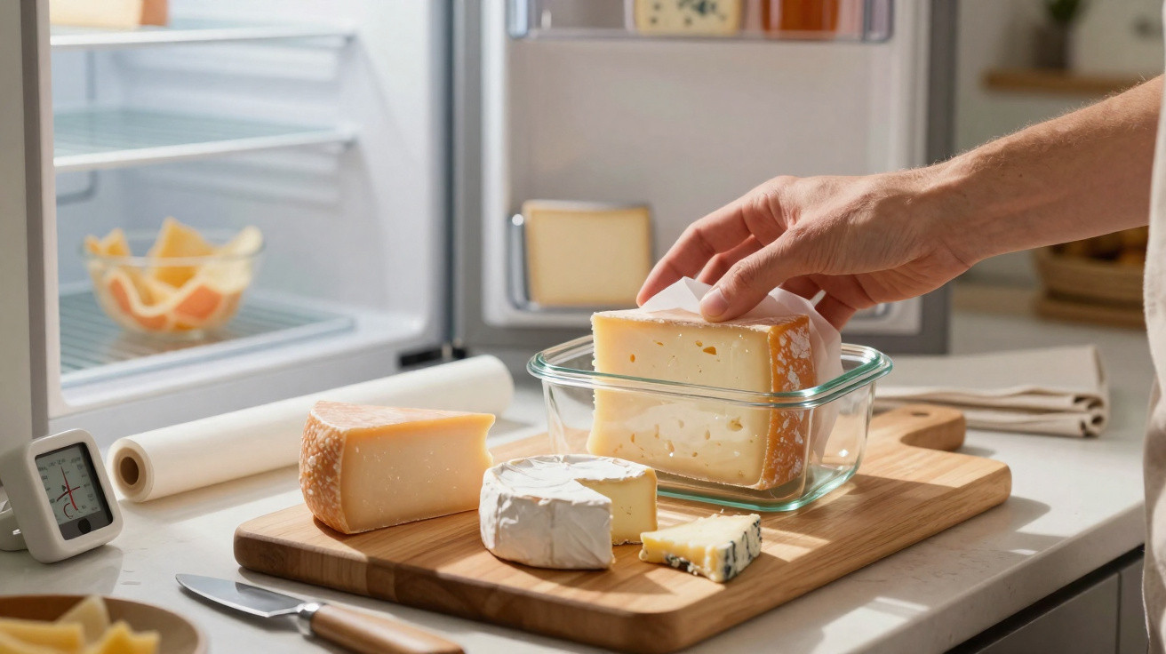 Pessoa a guardar um pedaço de queijo em recipiente de vidro numa cozinha moderna.