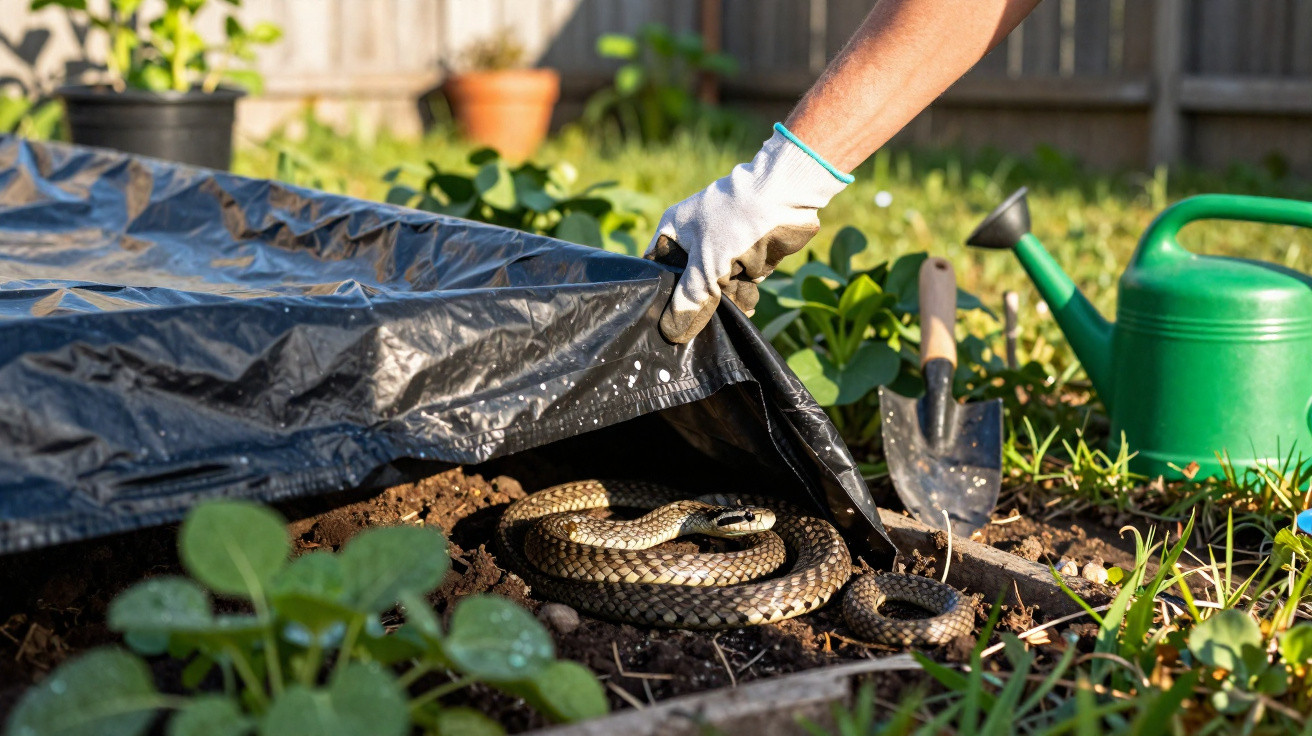 Pessoa a levantar um plástico no jardim, revelando uma cobra enrolada na terra junto a ferramentas de jardinagem.