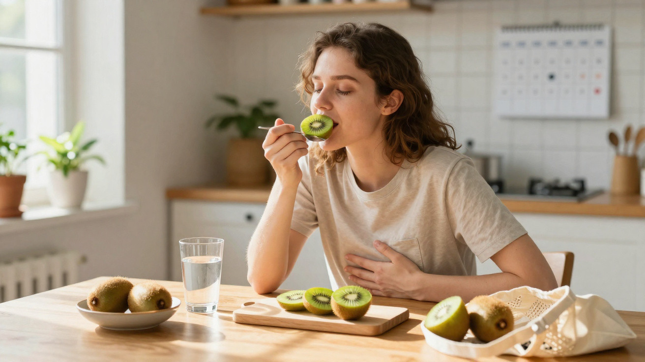 Mulher a comer kiwi sentado à mesa da cozinha com copo de água e frutas à sua frente.