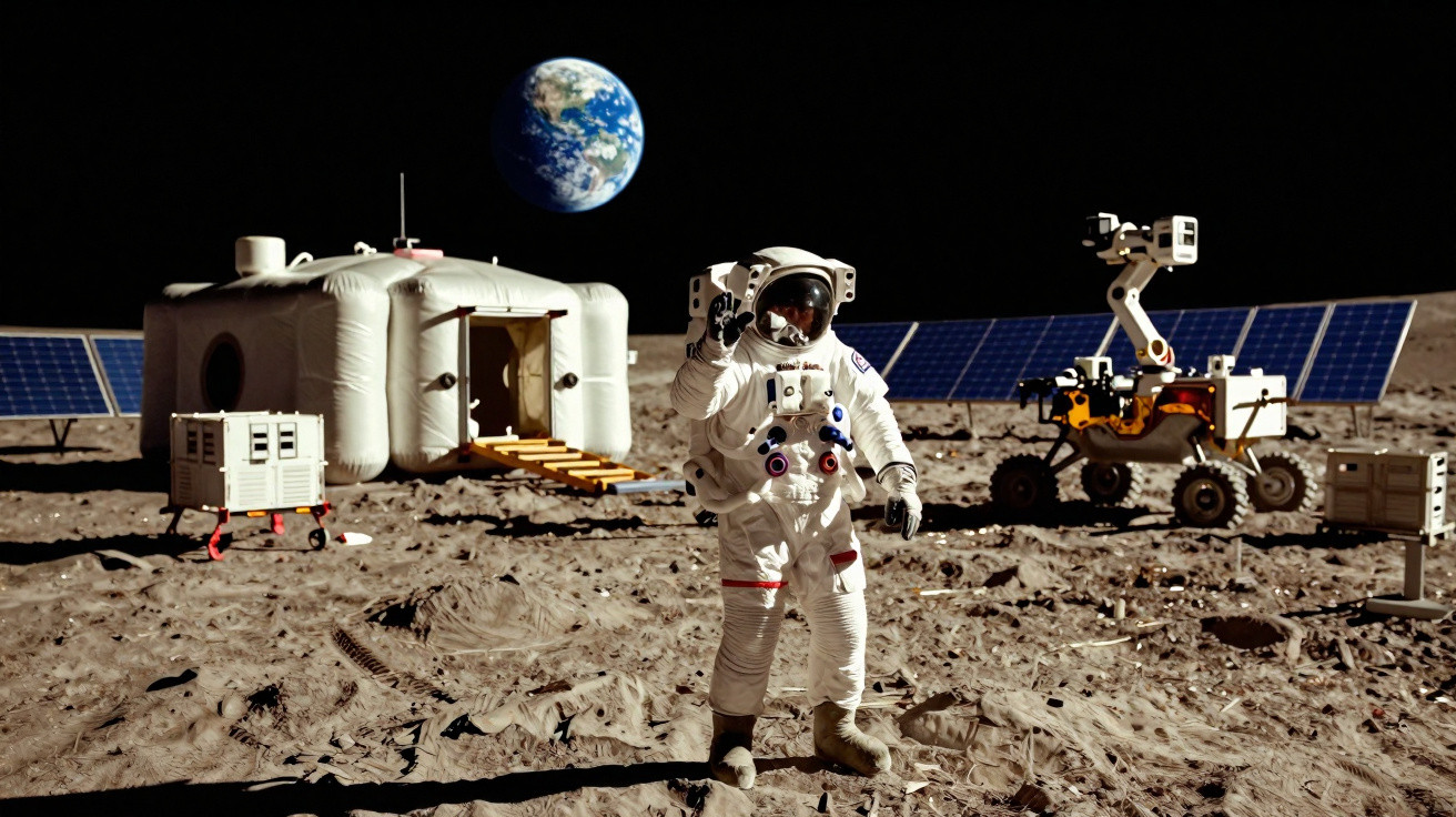 Astronauta na superfície lunar com equipamento, habitat inflável, rover e Terra ao fundo.