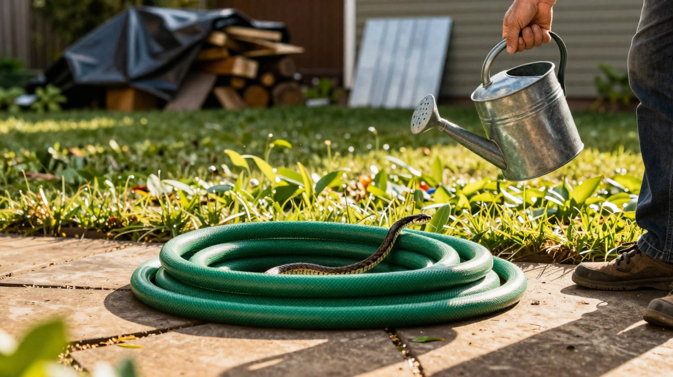 Pessoa a regar uma cobra enrolada dentro de uma mangueira verde de jardim.