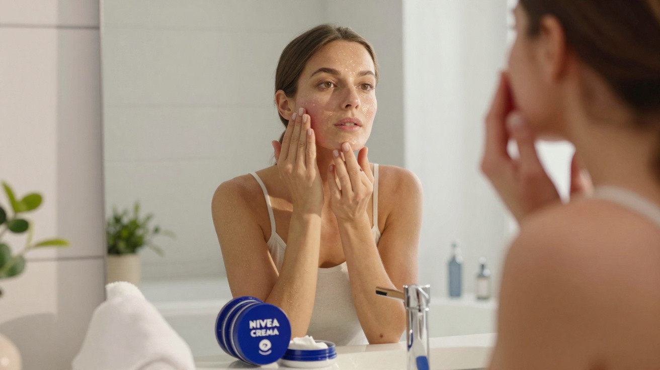 Mulher aplica creme facial Nivea enquanto se olha ao espelho numa casa de banho luminosa.