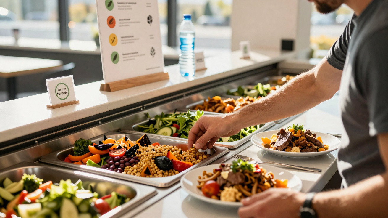 Pessoa a servir-se de salada e legumes num bufete de restaurante self-service com luz natural.