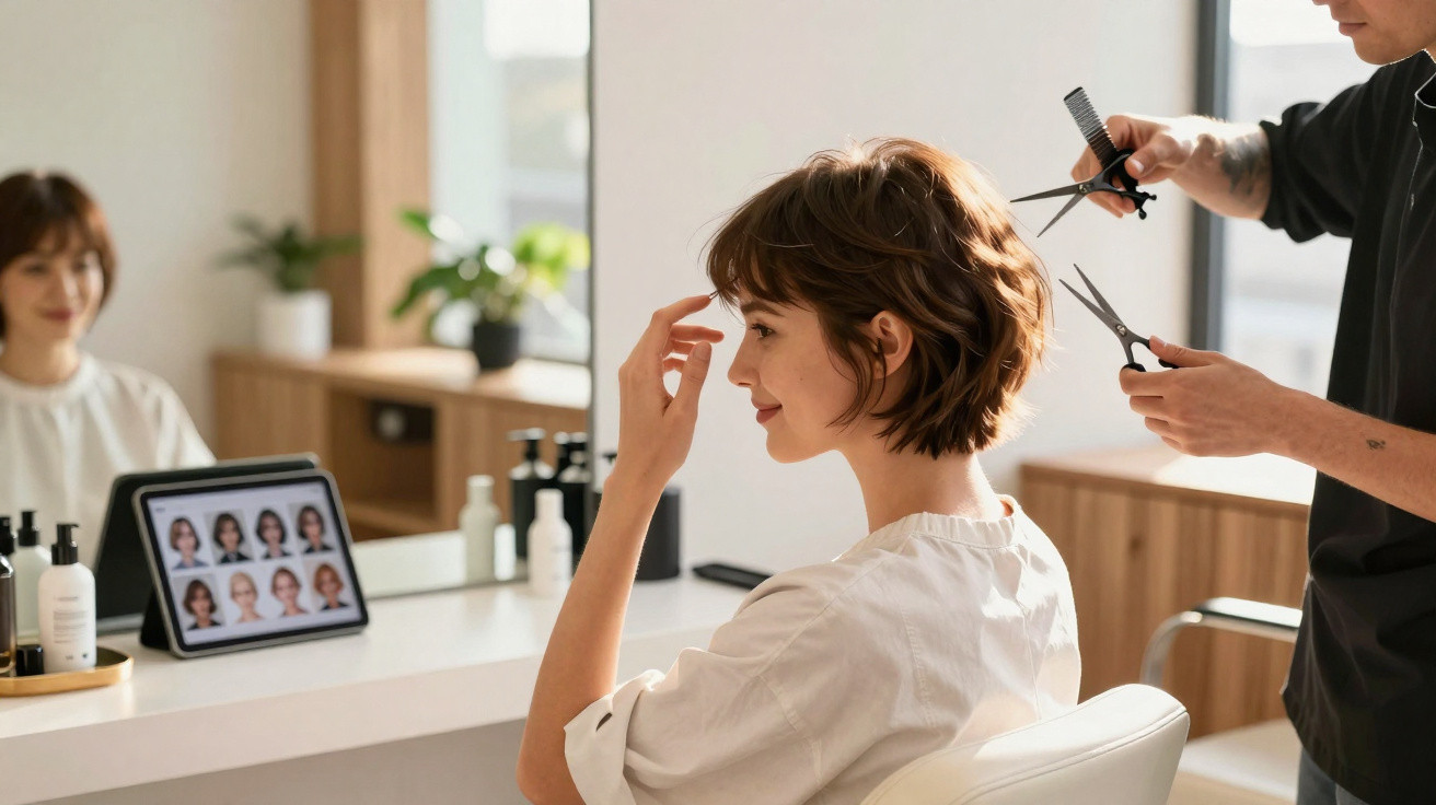 Mulher a fazer pedido de corte de cabelo a cabeleireiro num salão moderno com tablet e espelho.