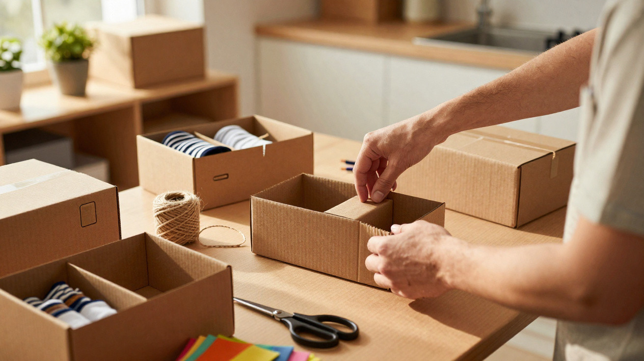 Pessoa a organizar caixas de cartão com itens, tesoura e fio sobre mesa numa cozinha iluminada.