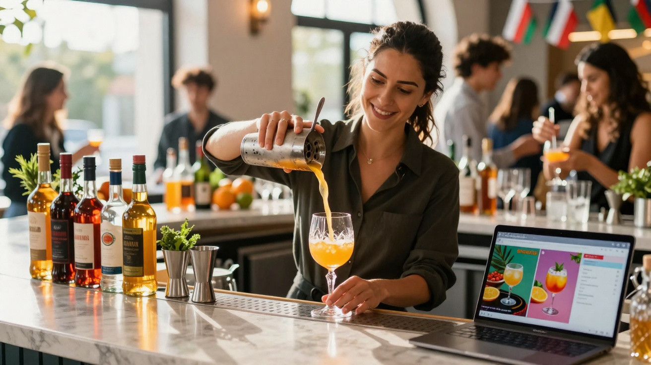 Bartender a servir cocktail laranja numa taça, em bar moderno com clientes ao fundo.