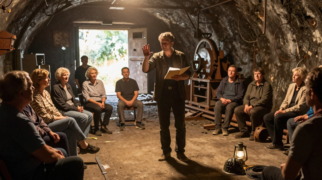 Homem lê livro para grupo sentado em círculo dentro de uma caverna iluminada por candeeiros antigos.
