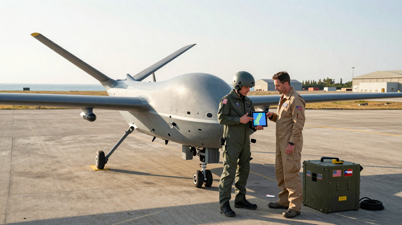 Dois militares junto a um drone militar no aeroporto, analisando dados num tablet.