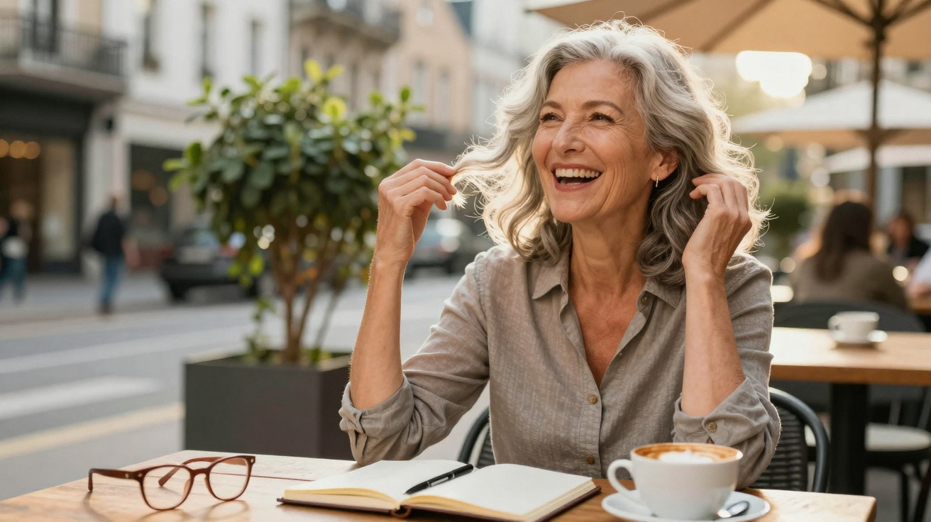 Mulher sorridente com cabelos grisalhos sentada numa esplanada com café, livro e óculos na mesa.
