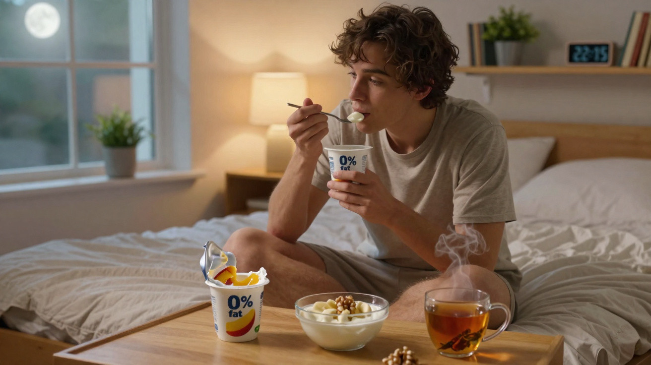 Homem sentado na cama a comer iogurte sem gordura à noite, com chá e fruta numa mesa à frente.