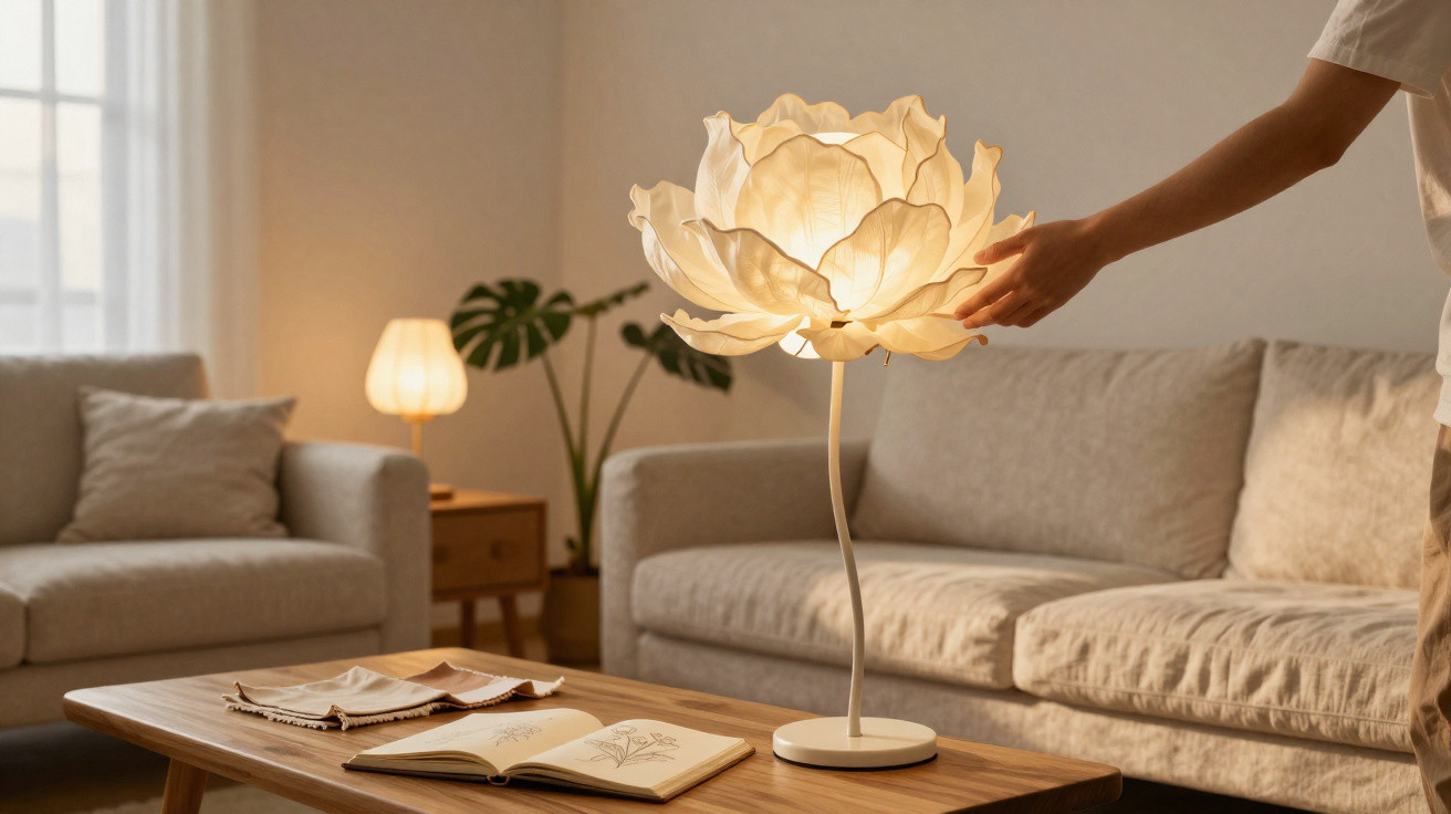 Pessoa a acender candeeiro de mesa com flor branca, sala com sofás e mesa de madeira com livros abertos.