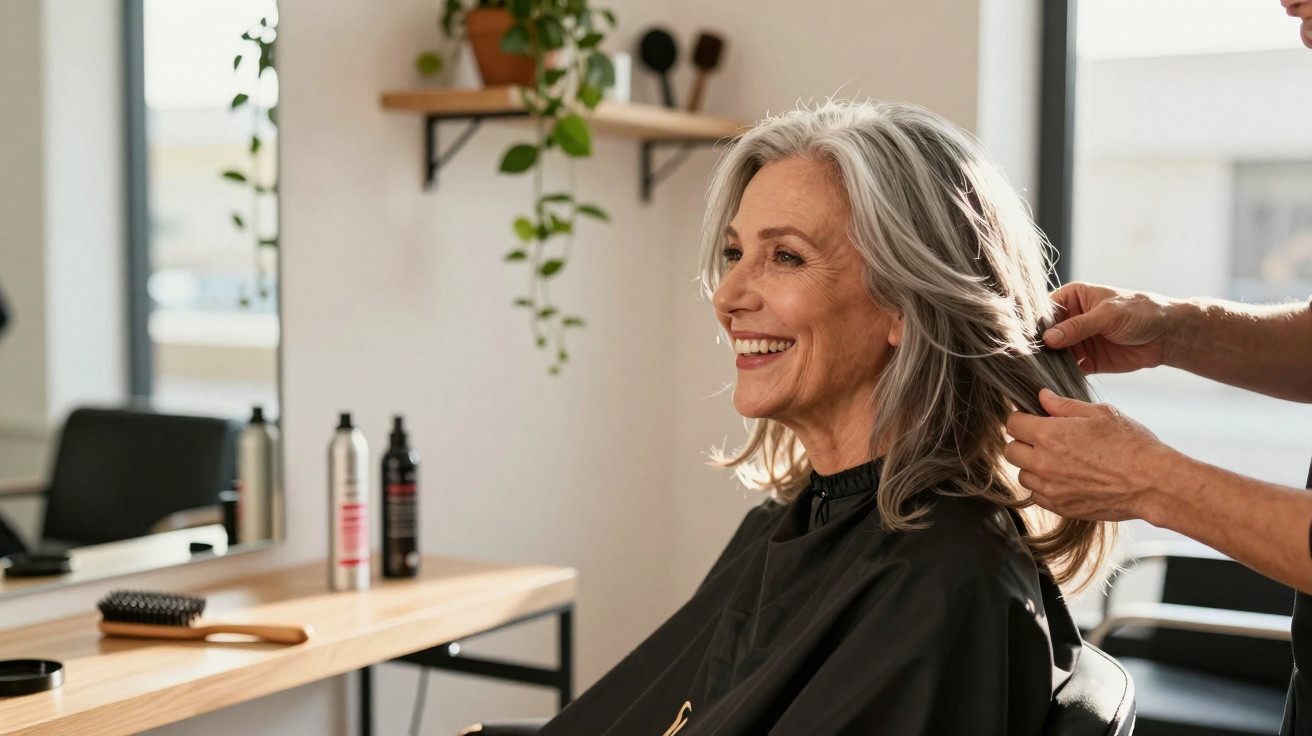 Mulher idosa sorridente a receber tratamento de cabelo num salão de beleza moderno.