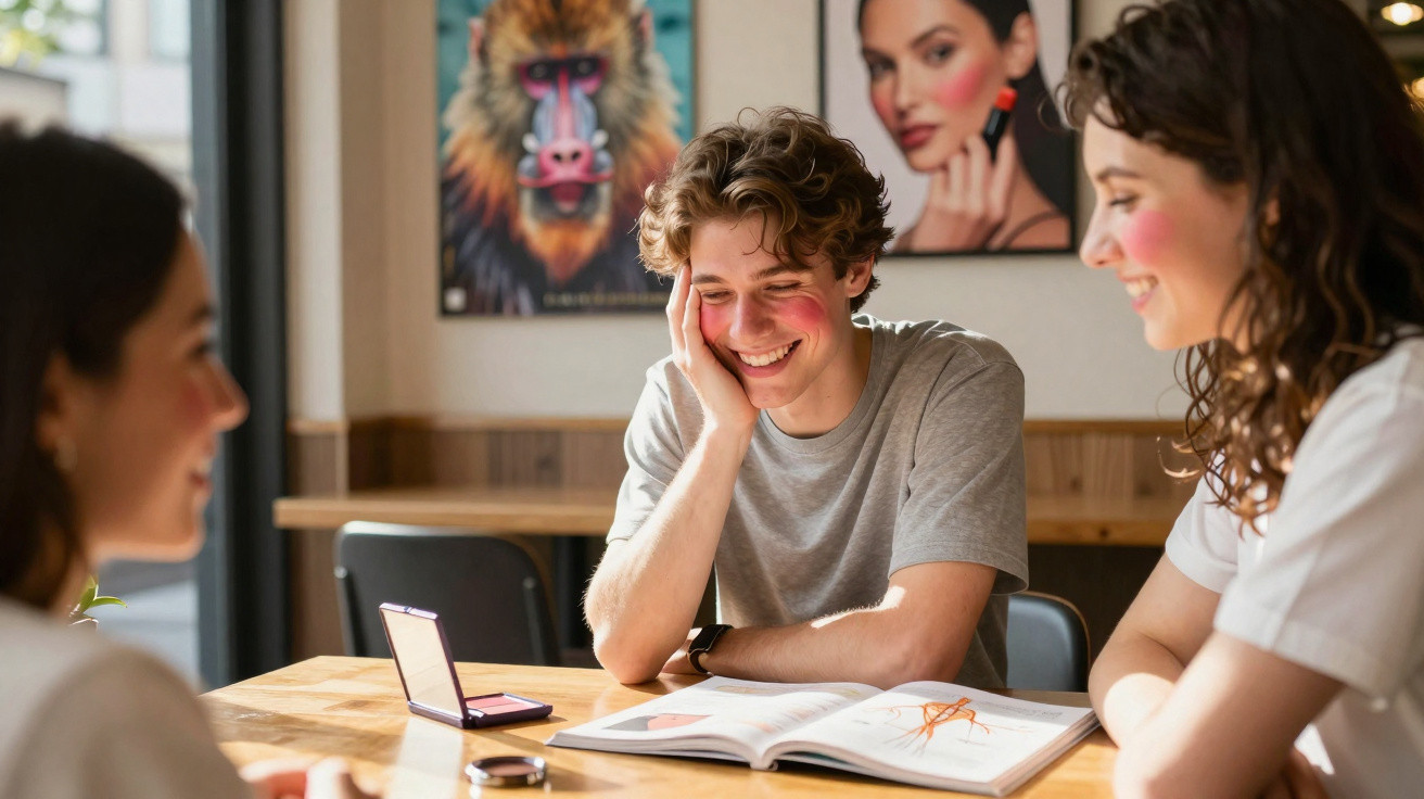 Jovens com maquilhagem divertida sentados à mesa, sorrindo e interagindo, com livros e espelho.