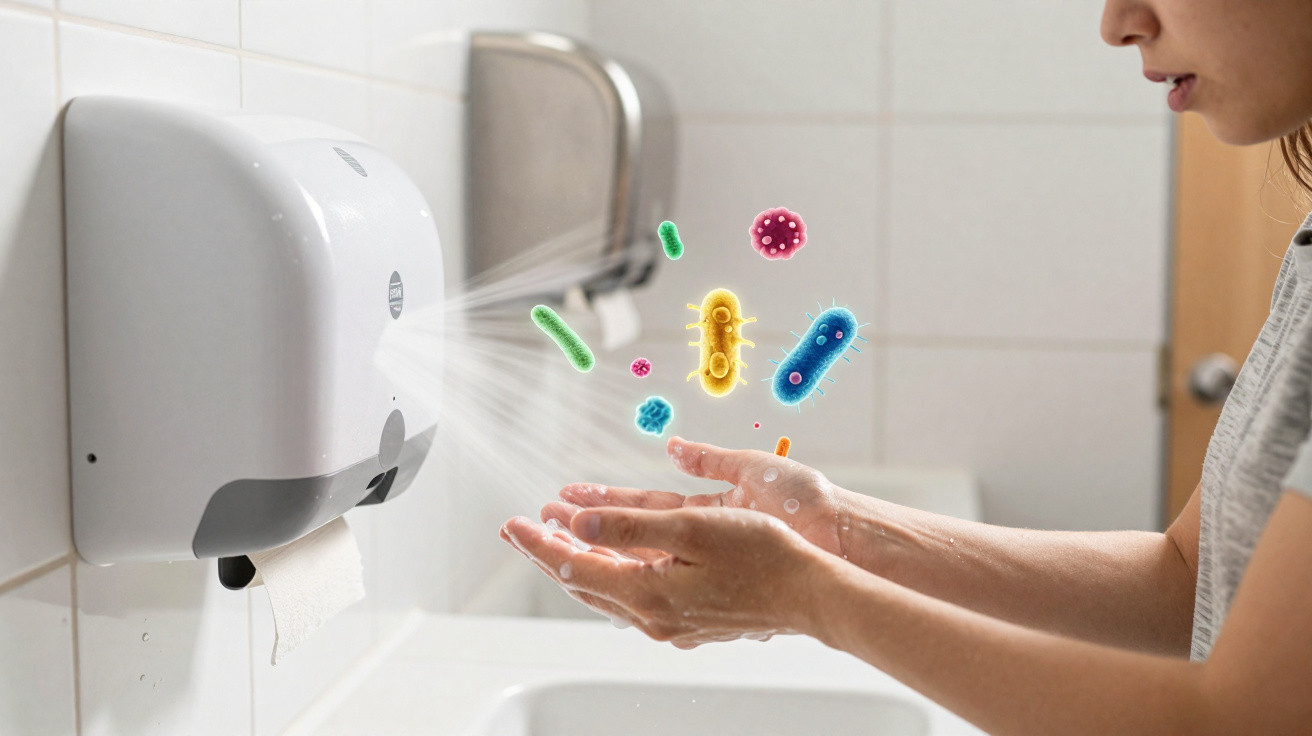 Pessoa a secar as mãos com secador automático enquanto bactérias coloridas virtuais são visíveis.