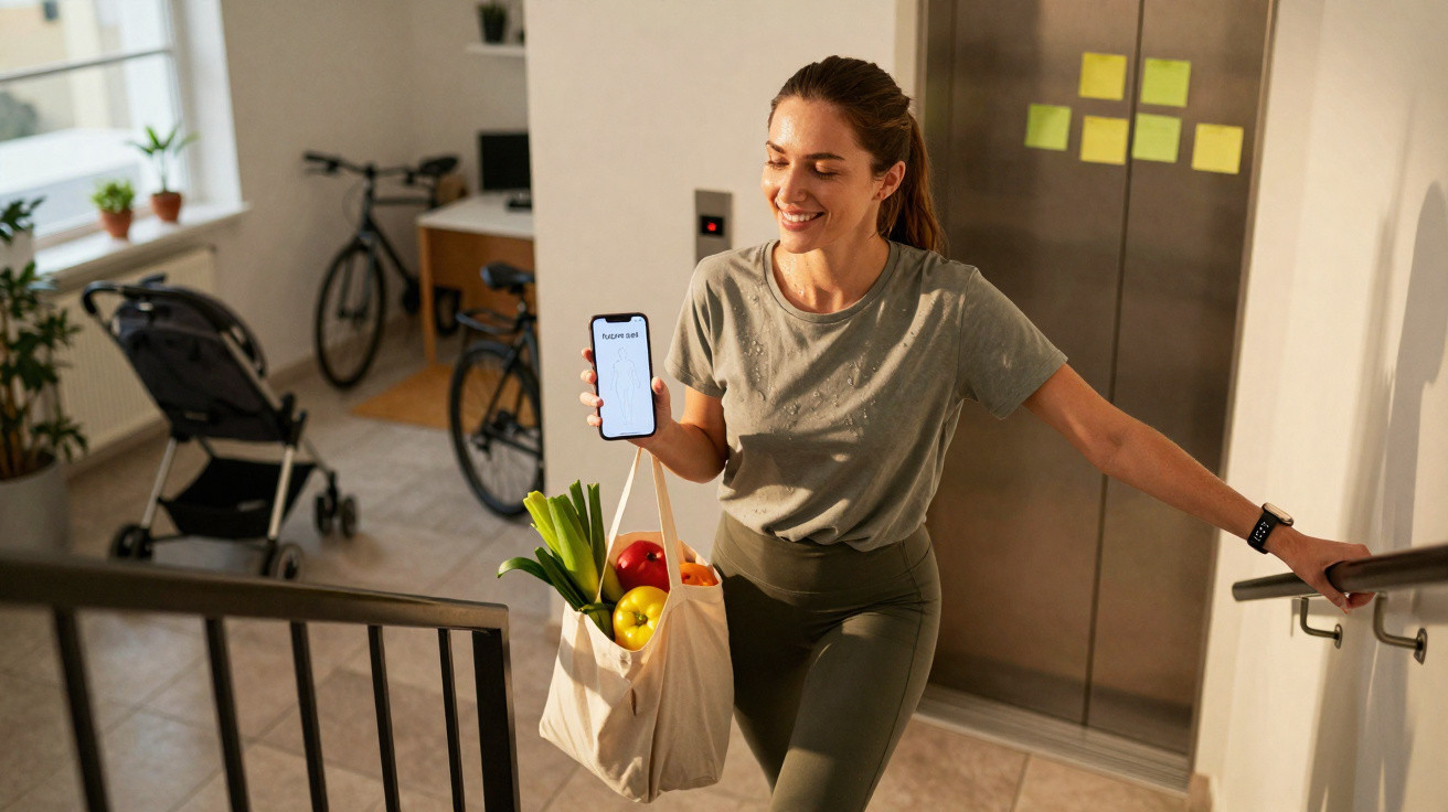 Mulher a subir escadas com saco de compras e a mostrar telemóvel sorridente num prédio residencial.