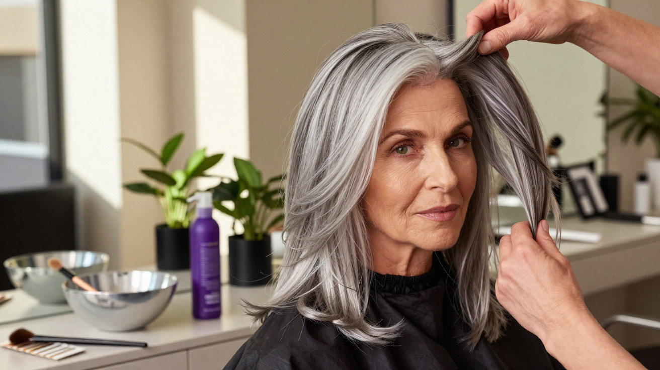 Mulher adulta com cabelo cinzento sendo penteada num salão de beleza claro e moderno.