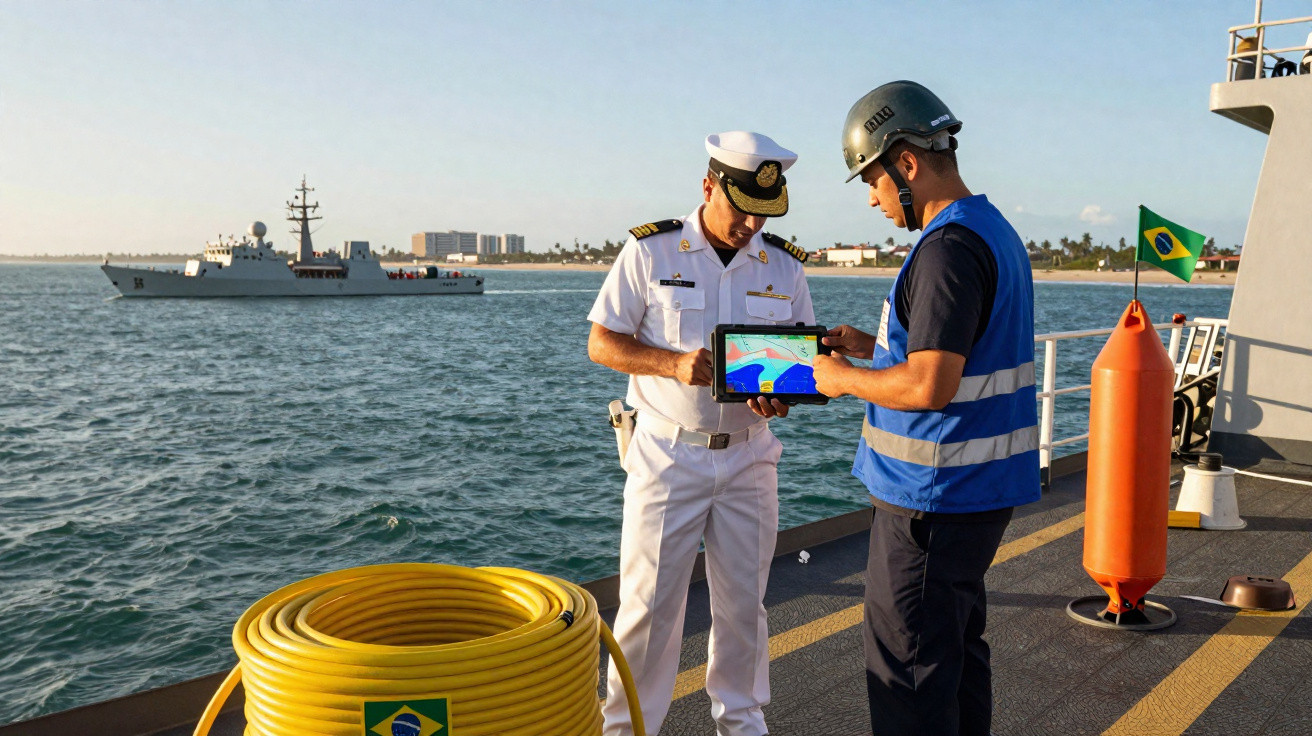 Marinheiro e engenheiro com tablet num navio ao pôr do sol, com outro navio e costa ao fundo.