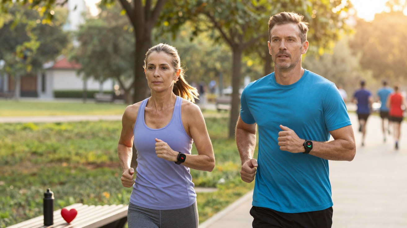 Casal a correr no parque ao entardecer com roupa desportiva e relógios inteligentes nos pulsos.
