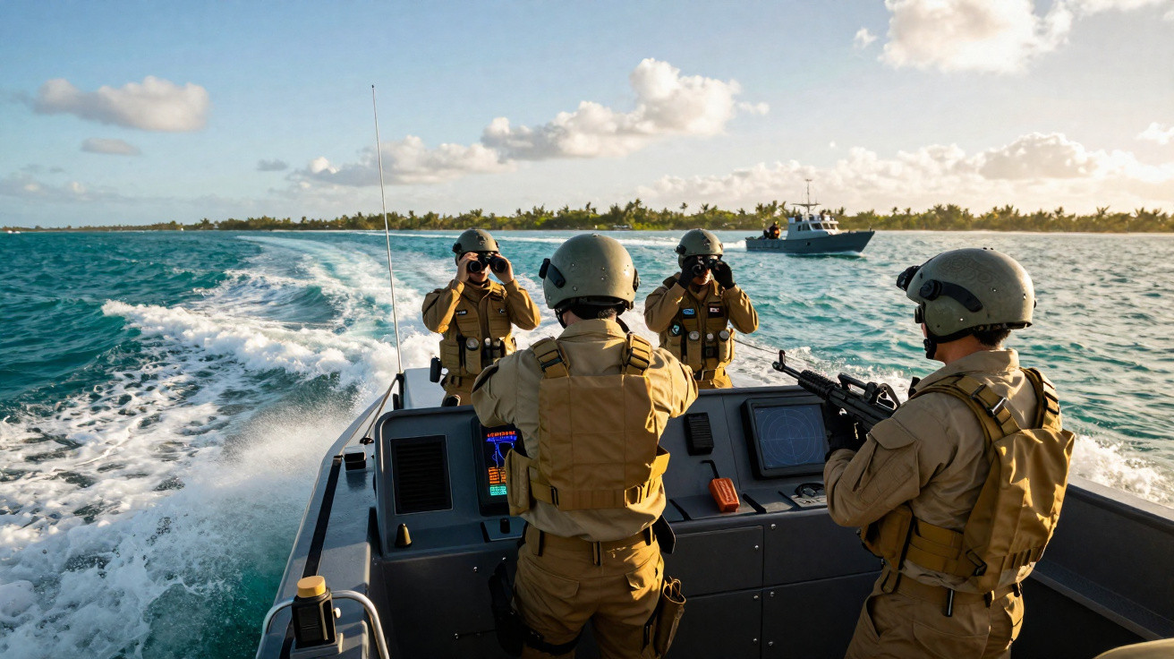 Soldados em uniforme táctico numa embarcação militar no mar, observando outra embarcação ao longe.