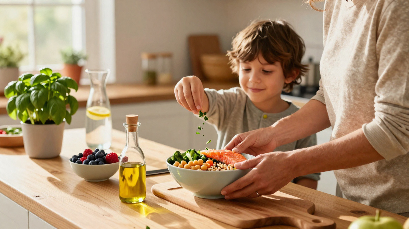 Criança e adulta a preparar juntos uma salada saudável na cozinha luminosa.