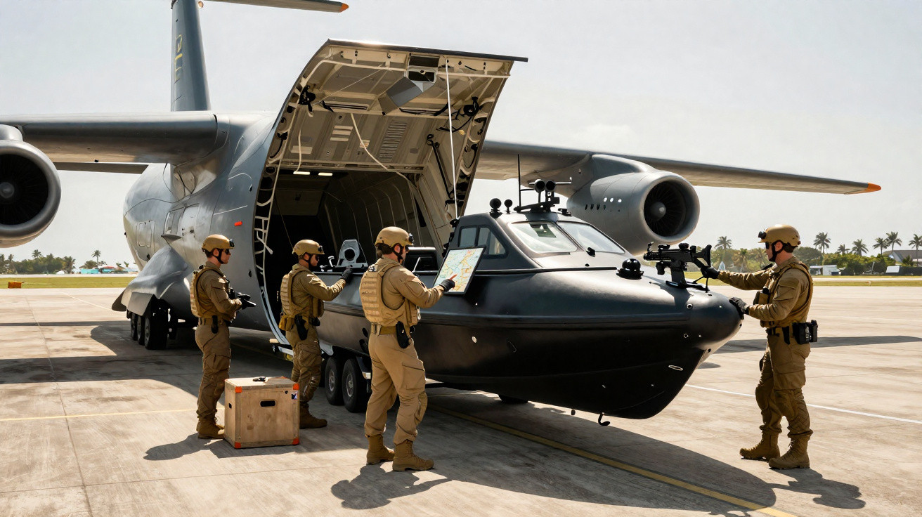 Quatro militares verificam um veículo robótico preto retirado da porta traseira aberta de um avião militar.