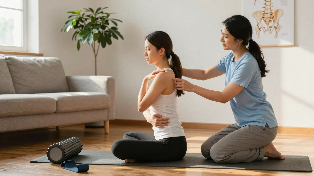 Mulher a receber sessão de alongamento guiada por profissional num tapete de yoga numa sala luminosa.
