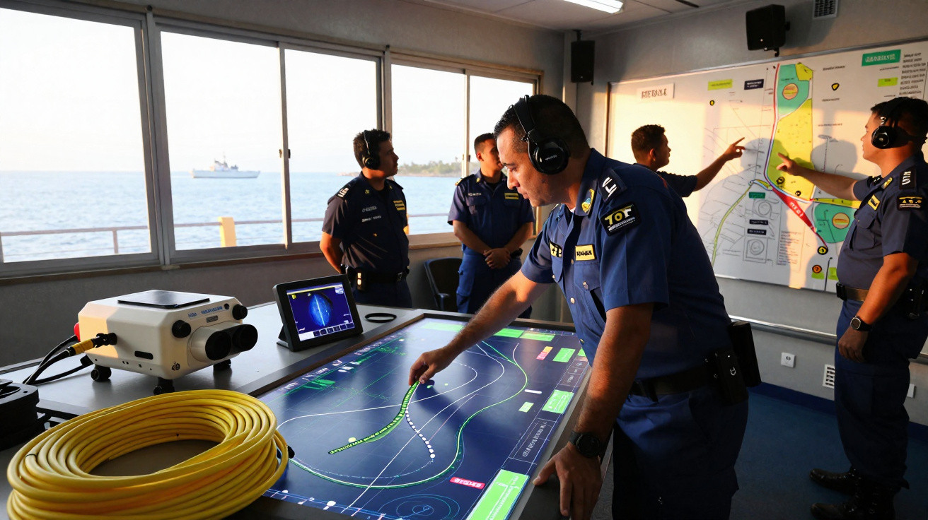 Oficiais da marinha em uniforme azul operam e monitorizam sistemas eletrónicos e mapas num centro de controlo marítimo.