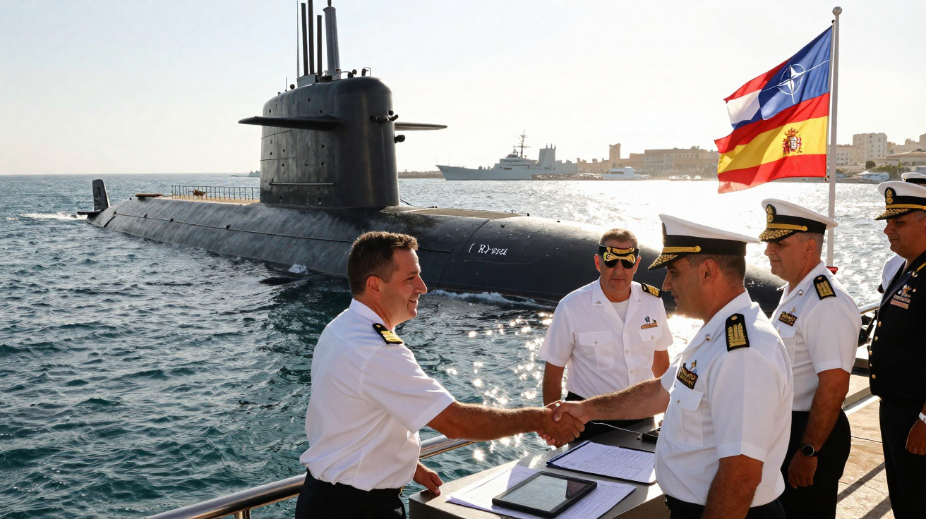 Marinheiros da marinha espanhola apertam as mãos junto a um submarino no cais junto à bandeira espanhola e da NATO.