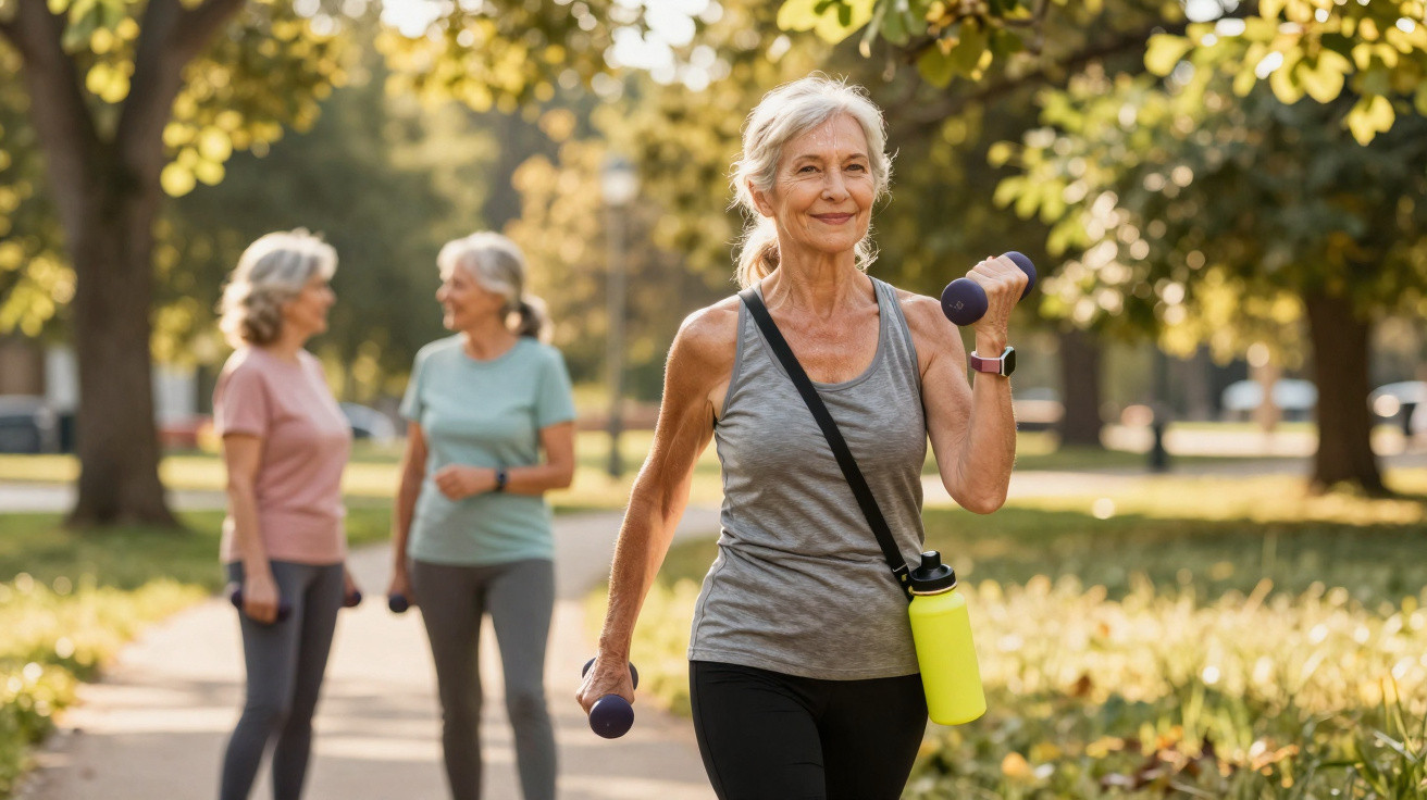 Mulher sénior a fazer exercício com halteres num parque durante o dia, com outras duas mulheres ao fundo.