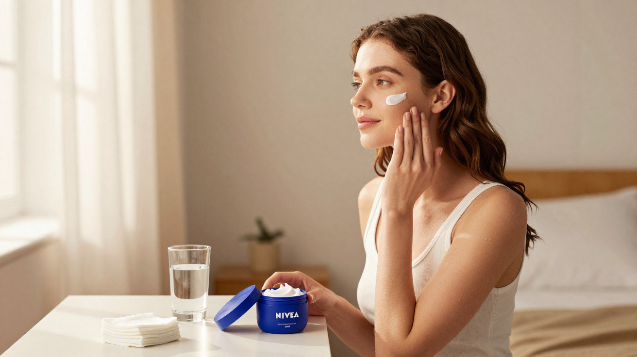 Mulher aplica creme Nivea no rosto sentada numa mesa com copo de água e toalhetes ao lado.
