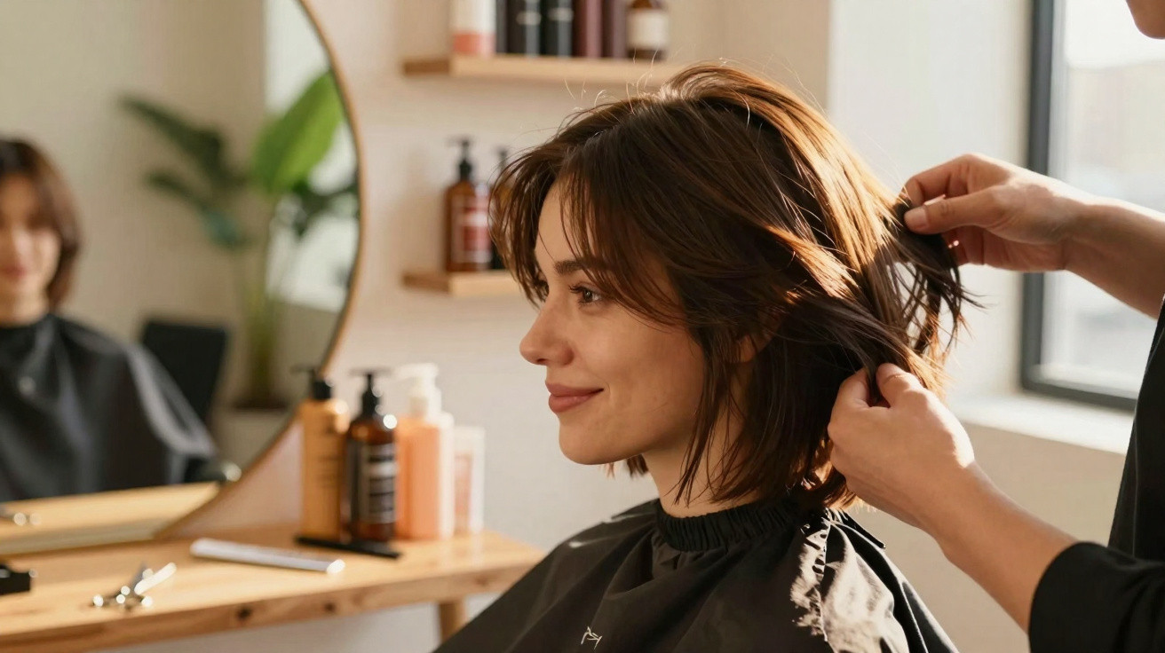 Mulher sorridente no cabeleireiro a receber corte de cabelo com espelho e produtos ao fundo.