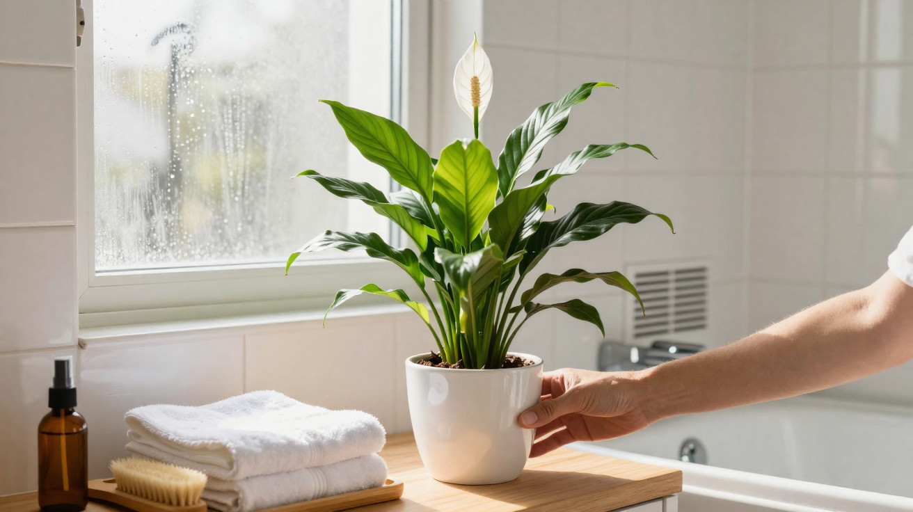 Mão a mexer numa planta com folhas verdes e flor branca num vaso branco numa casa de banho iluminada.