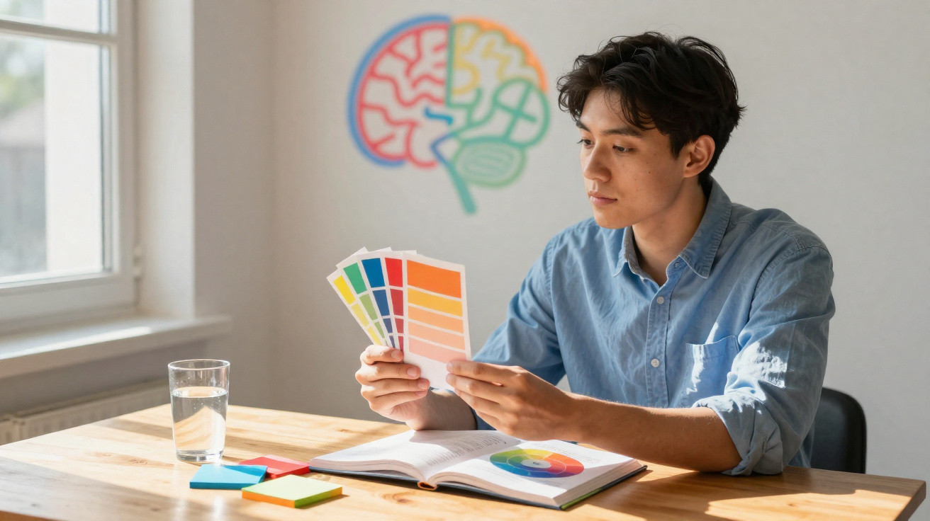 Homem jovem escolhe cores num espaço luminoso com post-its e livro aberto com círculo cromático.